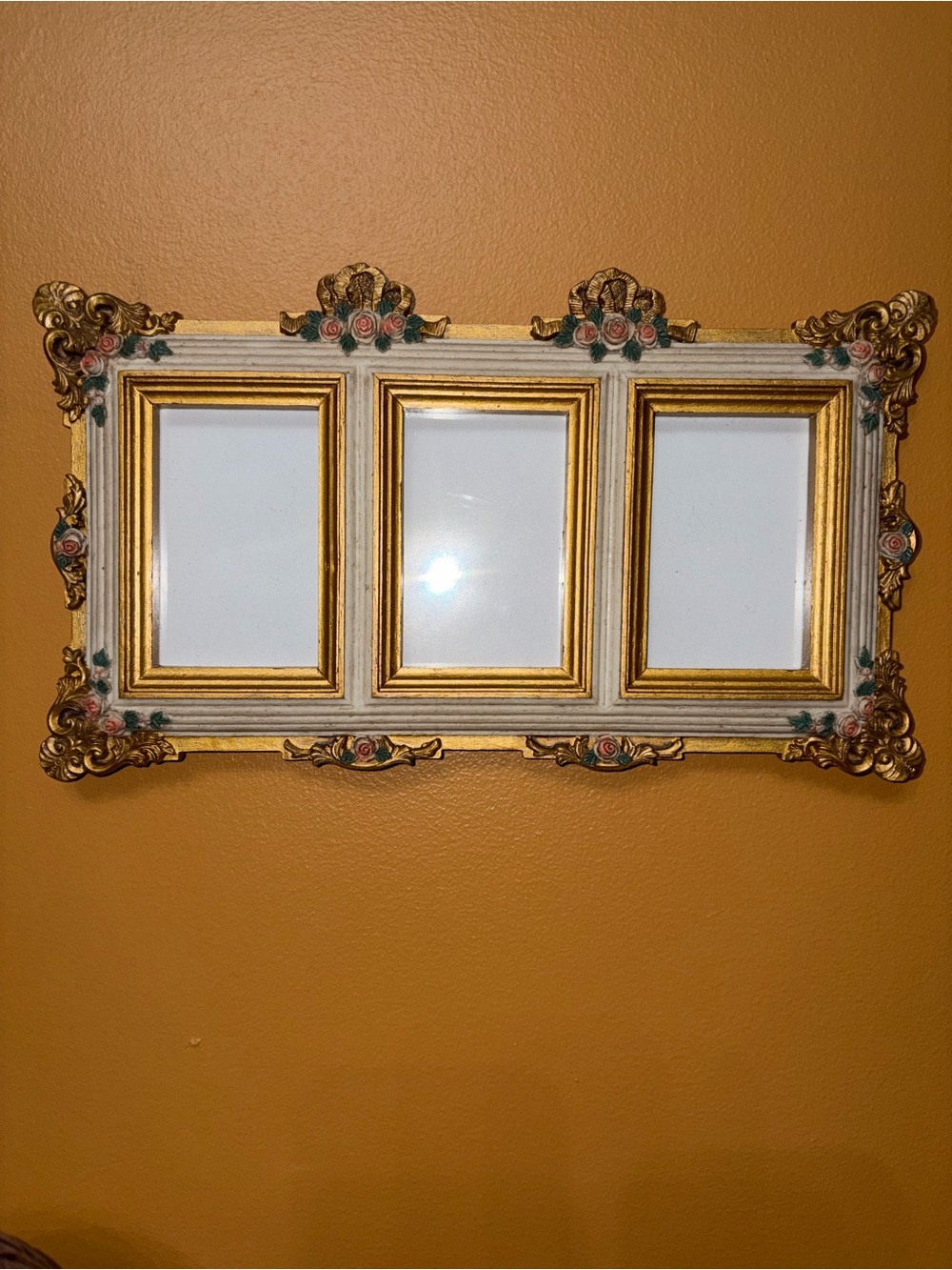 Triple Ornate Photo Frame in Gold and White with Rose Accents